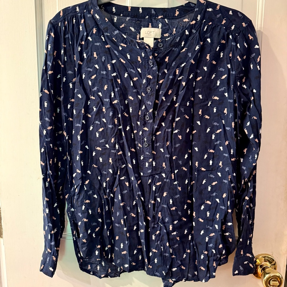 LOFT Navy Cat-Print Button-Down Top - Size S, EUC!